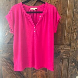 LOFT Bright Pink Short-Sleeve Henley Tee